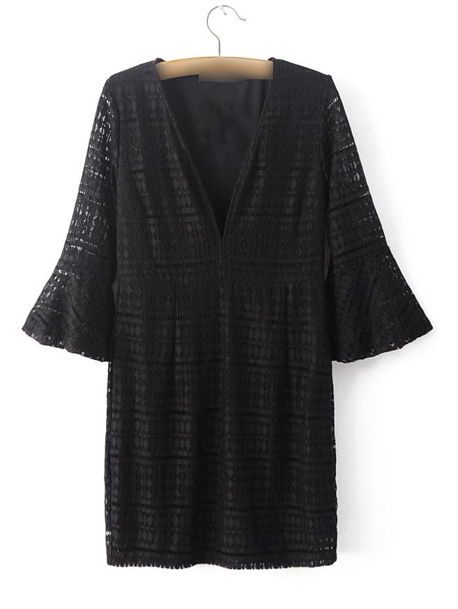 Shein Black Deep V Neck Bell Sleeve Lace Dress