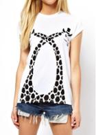 Rosewe Lovely Round Neck White T Shirt With Giraffe Print