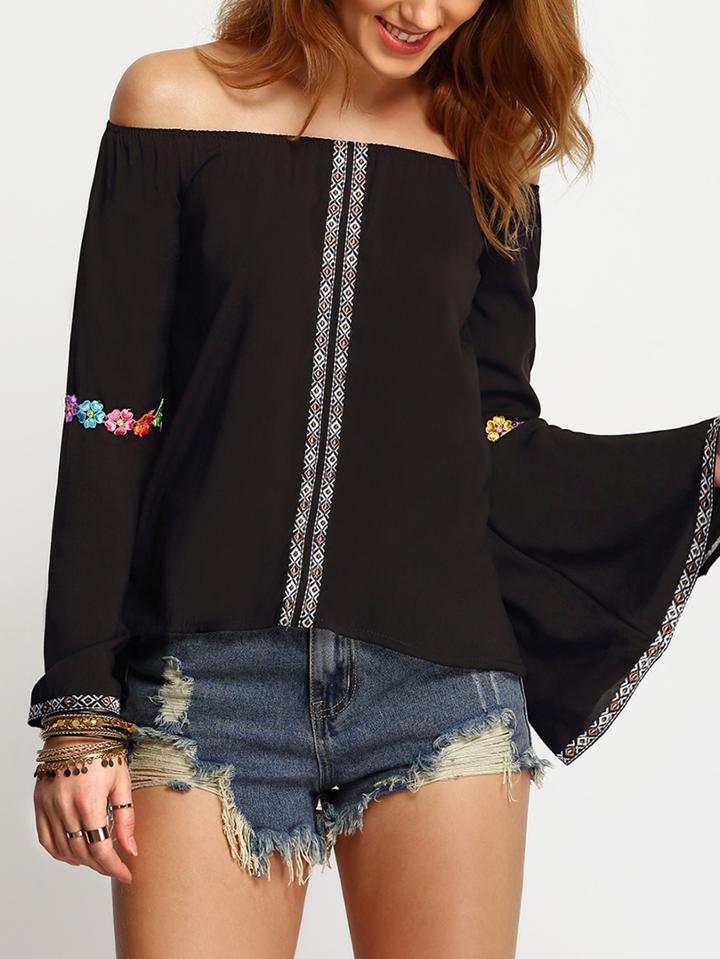 Shein Black Boat Neck Bell Sleeve Embroidered Blouse