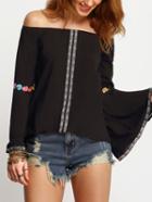 Shein Black Boat Neck Bell Sleeve Embroidered Blouse