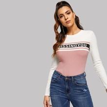 Shein Letter Print Colorblock Rib Knit Tee