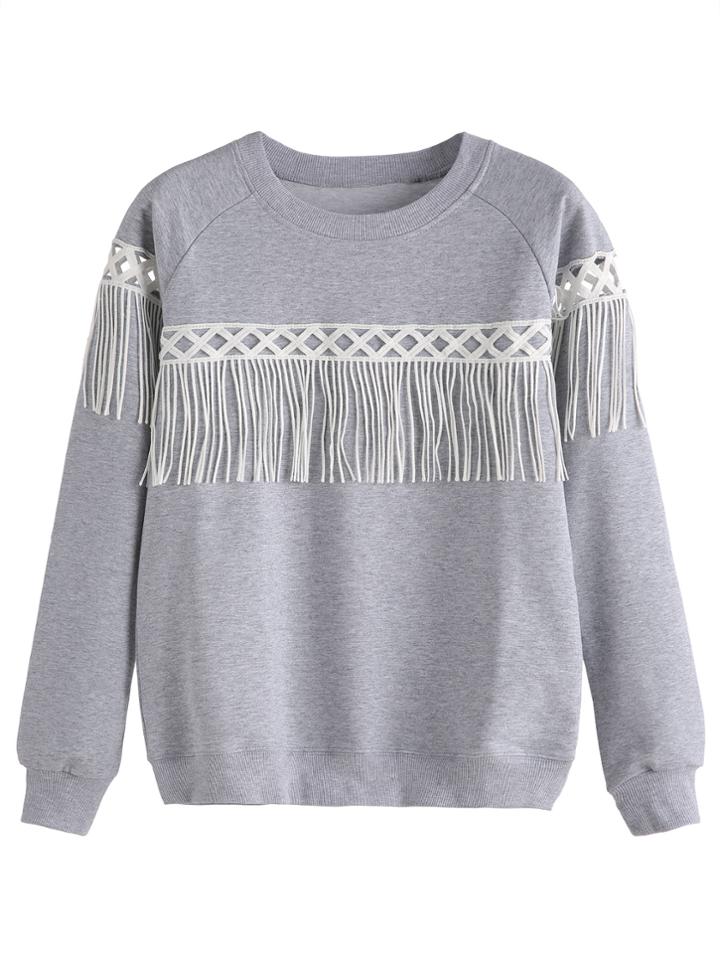 Shein Grey Lace Insert Fringe Sweatshirt