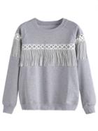 Shein Grey Lace Insert Fringe Sweatshirt