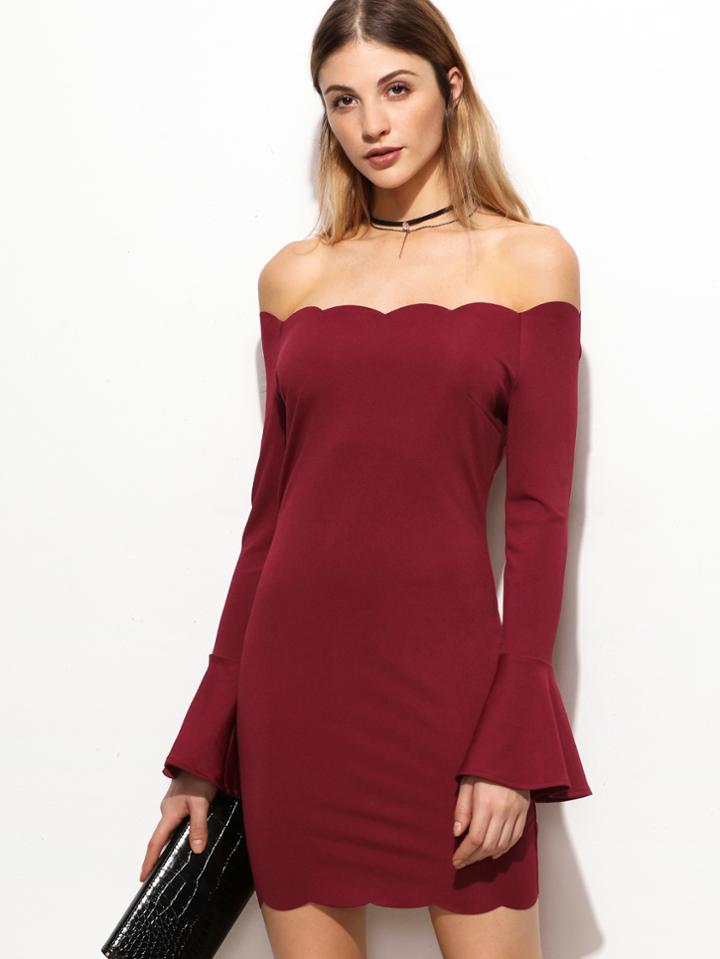 Shein Off Shoulder Flute Sleeve Scallop Edge Dress