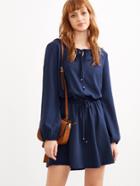 Shein Navy Lace Up Elastic Waist Flare Dress