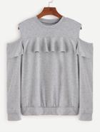 Shein Grey Open Shoulder Ruffle Trim Sweatshirt