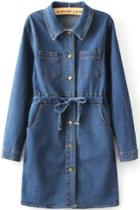 Shein Blue Long Sleeve Drawstring Denim Dress