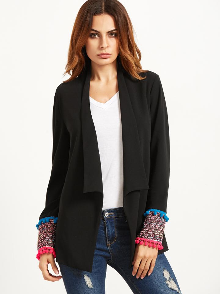 Shein Black Shawl Collar Pom Pom Trim Tweed Cuff Blazer