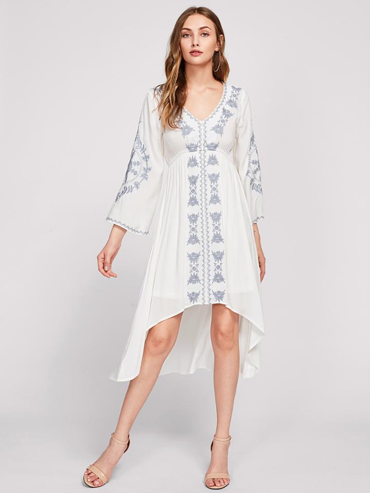 Shein High Waist Dip Hem Embroidered Dress