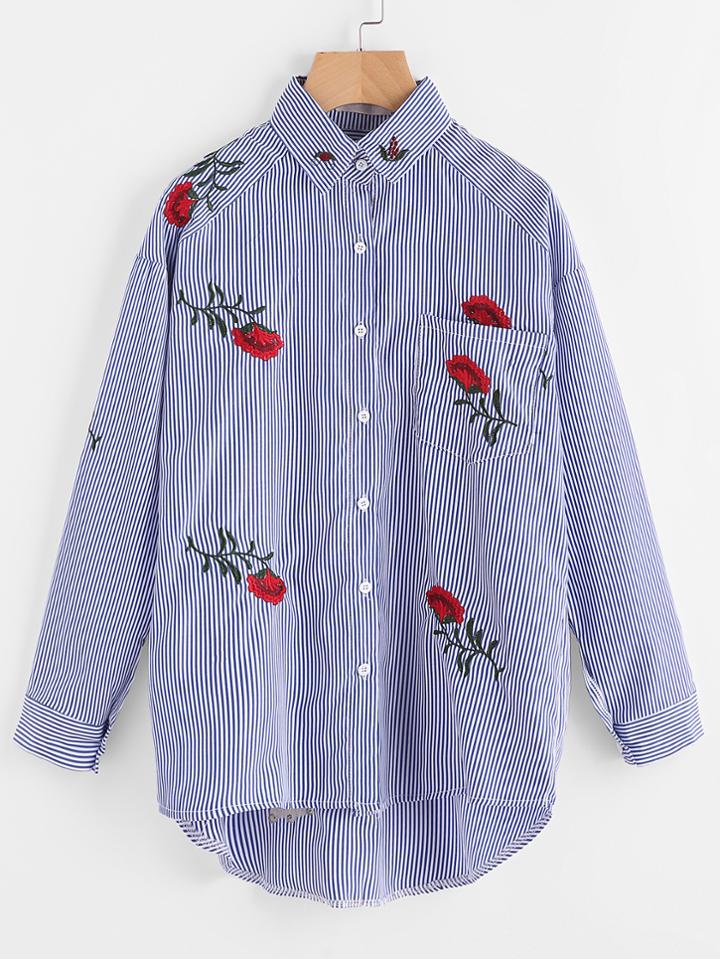 Shein Vertical Striped Embroidery Pocket Blouse