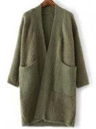 Shein Army Green Collarless Open Front Cardigan With Pockets