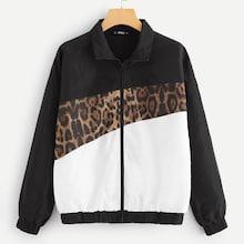 Shein Zip Front Leopard Print Color Block Coat