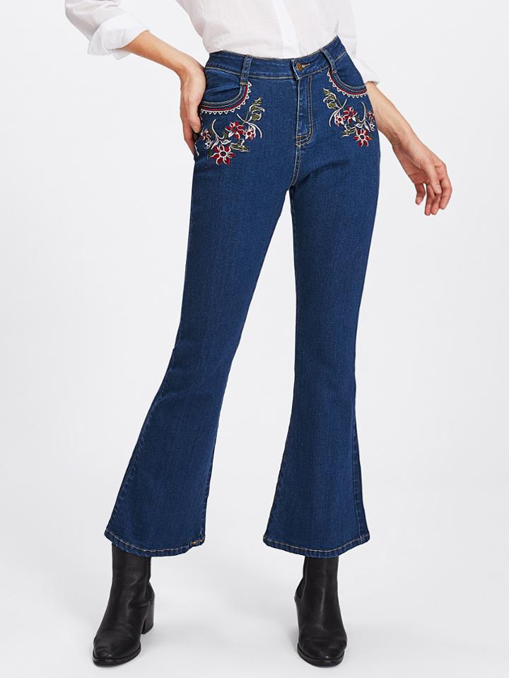 Shein Botanical Embroidery Flare Hem Jeans