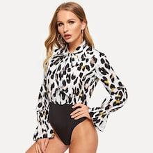 Shein Leopard Print Tie-neck Bodysuit