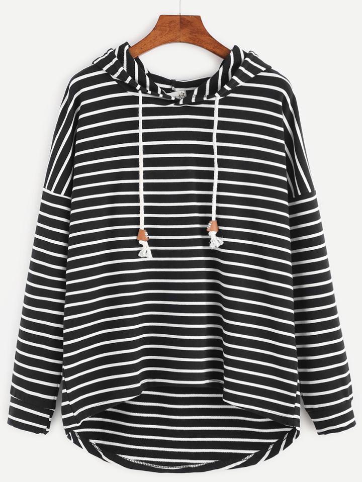 Shein Striped Drop Shoulder Dip Hem Drawstring Hooded Sweatshirt
