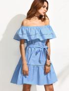 Shein Flounce Layered Neckline Tie Waist Hollow Insert Ruffle Hem Dress