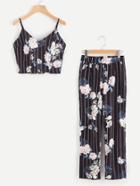Shein Striped Floral Crop Cami And Pants Set