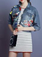 Shein Blue Lapel Applique Pouf Denim Short Coat