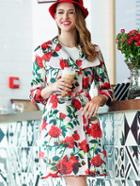 Shein White Lapel Length Sleeve Tie-waist Print Coat