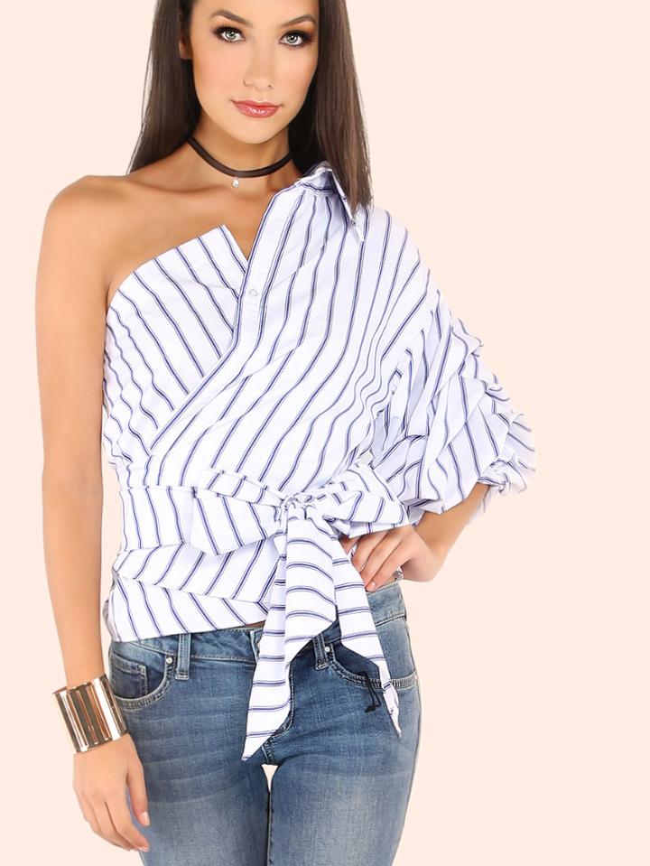Shein Striped One Shoulder Wrap Around Button Down Top White Blue