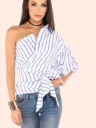 Shein Striped One Shoulder Wrap Around Button Down Top White Blue