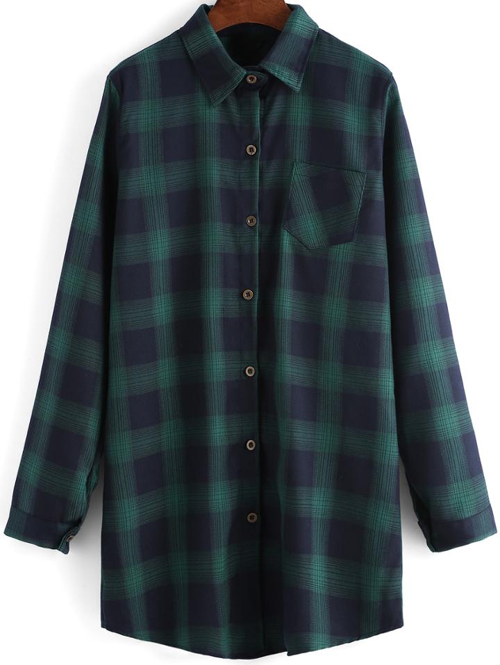 Shein Green Black Lapel Plaid Pocket Loose Blouse