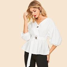Shein Bishop Sleeve Peplum Coat With Belt