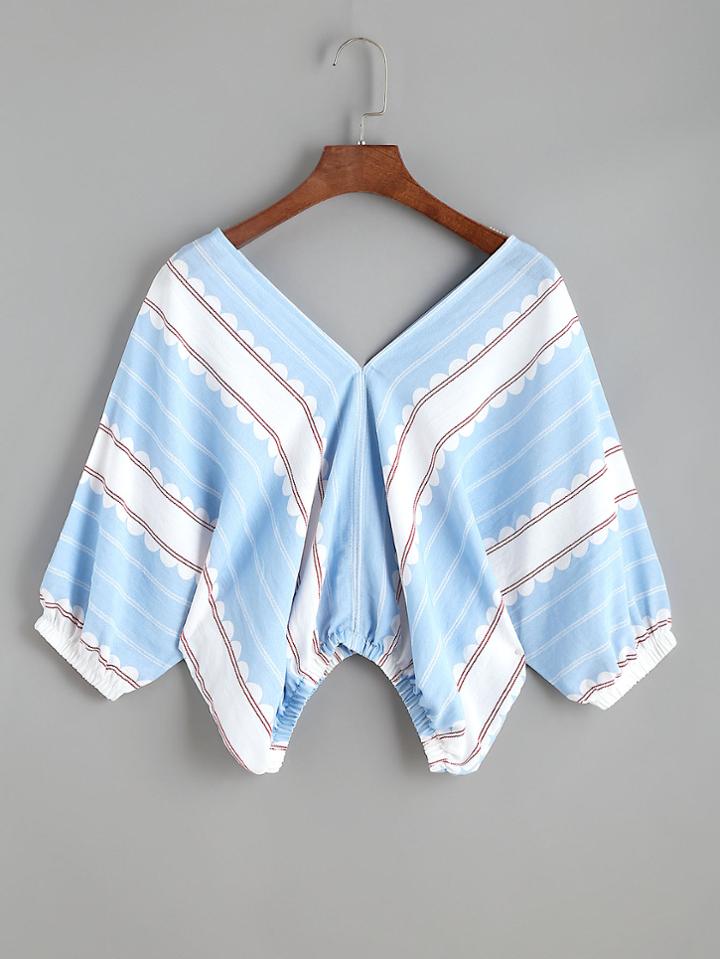 Shein Contrast Printed Double V Neck Batwing Sleeve Crop Top