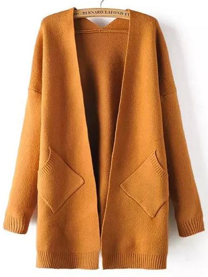 Shein Khaki Long Sleeve Pockets Loose Cardigan