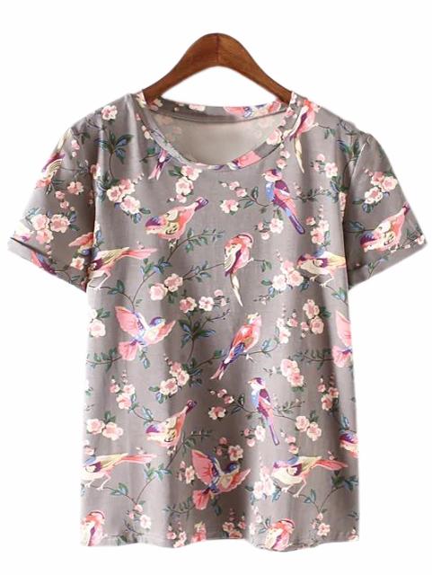 Shein Grey Short Sleeve Floral Bird Print T-shirt