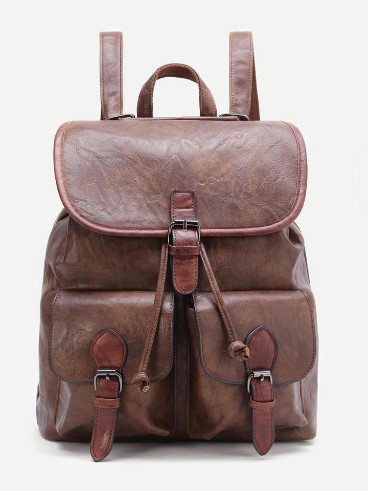 Shein Brown Buckle Design Pu Backpack With Pocket