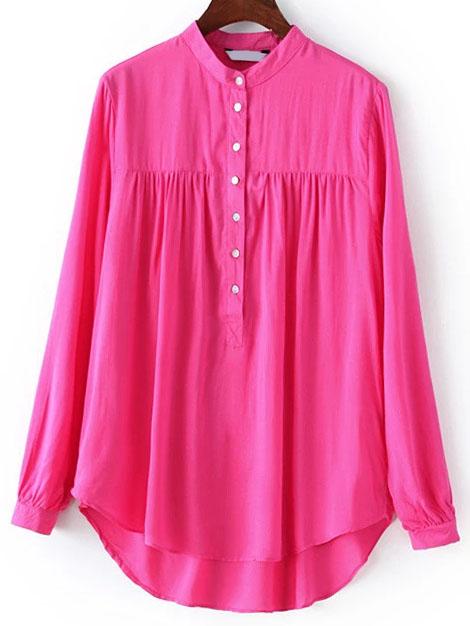 Shein Hot Pink Stand Collar Dip Hem Blouse