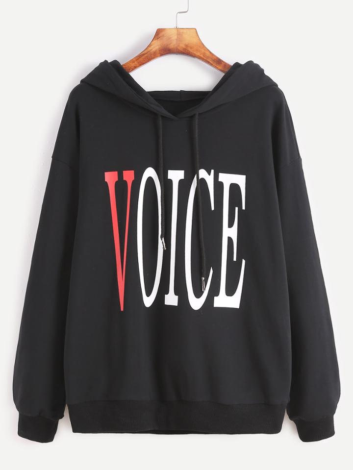 Shein Black Letter Print Drop Shoulder Hoodie