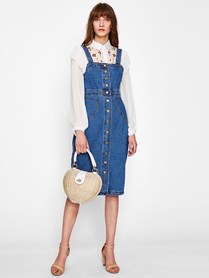 Shein Button Front Strap Denim Overall Dress