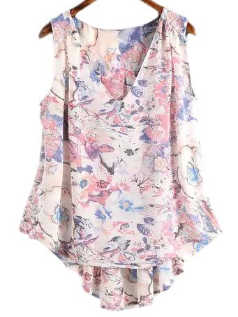Shein Pink Sleeveless Dip Hem Chiffon Floral Printed Blouse