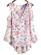 Shein Pink Sleeveless Dip Hem Chiffon Floral Printed Blouse
