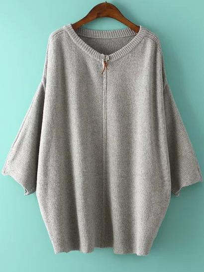 Shein Grey Round Neck Zipper Batwing Knit Sweater