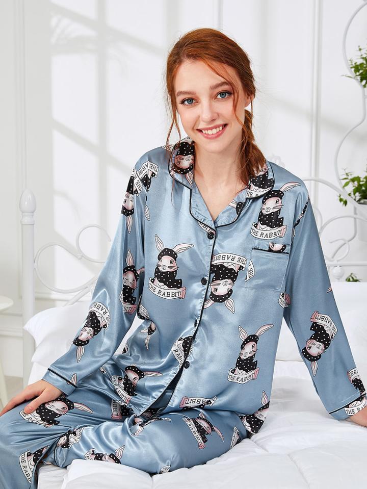 Shein Contrast Binding Rabbit Print Shirt & Pants Pj Set