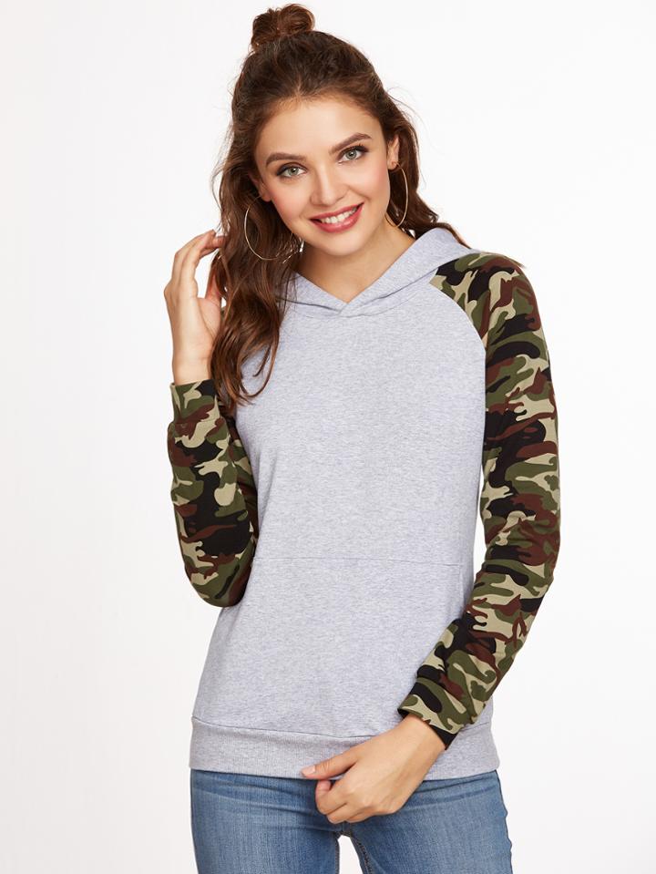 Shein Heather Grey Camo Raglan Sleeve Sweatshirt