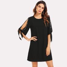Shein Pearl Detail Tie Cuff Tunic Dress