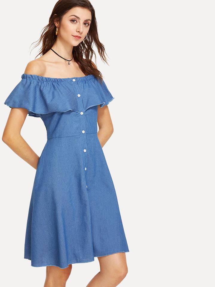 Shein Denim Off Shoulder Single Breasted Dress