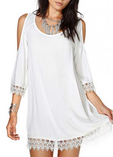 Rosewe Backless Cold Shoulder Crochet Splicing White Blouse