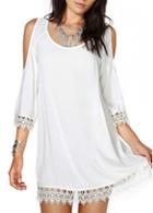 Rosewe Backless Cold Shoulder Crochet Splicing White Blouse