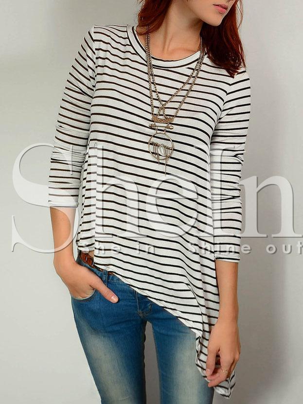 Shein White Striped Crew Neck Asymmetric T-shirt
