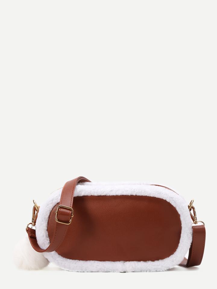 Shein Brown Faux Fur Trim Pom Pom Charm Bag