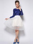 Shein Royal Blue Round Neck Hidden Button Blouse With Bow