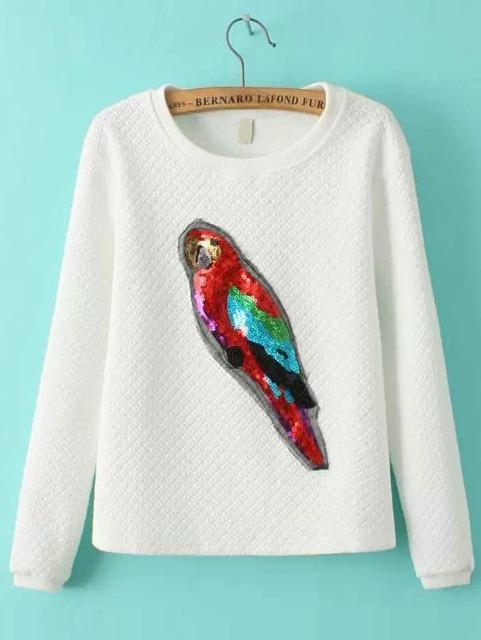 Shein White Round Neck Sequined Parrot Pattern Sweatshirt