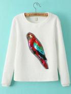 Shein White Round Neck Sequined Parrot Pattern Sweatshirt