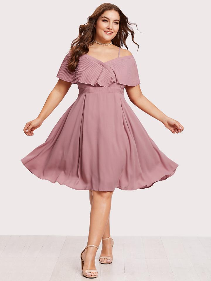 Shein Pleated Flounce Trim Overlap Bardot Dress