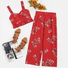 Shein Plus Ruffle Hem Florals Crop Top With Pants